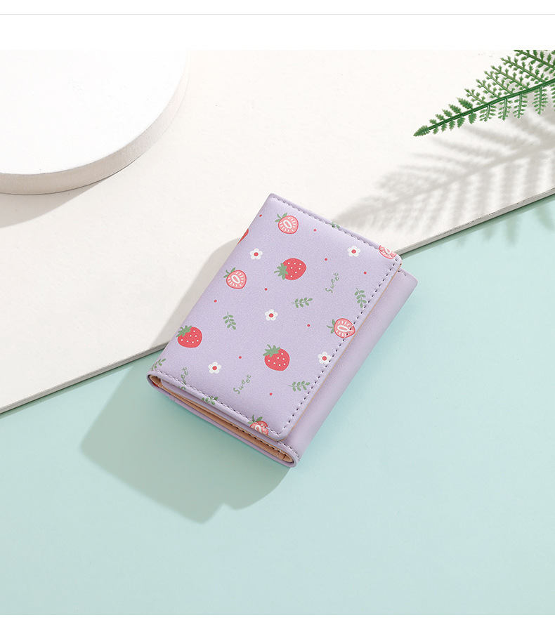 귀여운 3단 여성용 지갑 짧은 PU 가죽 딸기 프린트  - Bifold Leather Wallet 리뷰 및 가격